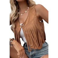 Camel Fringed Snap Button Front Suedette Vest - L thumbnail