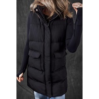 Black Windproof Longline Full Zipper Puffer Vest with Pockets - M thumbnail
