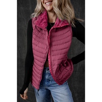 Burgundy Plush Collared Quilted Zipped Puffer Vest - S thumbnail