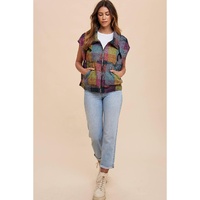 Multicolor Plaid Print Side Pockets Zipped Loose Vest - M thumbnail