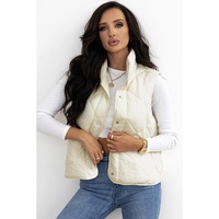 Beige Quilted High Neck Button Up Pocket Vest Coat - L thumbnail