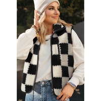 Black Checkered Sherpa Collared Jacket Vest - M thumbnail
