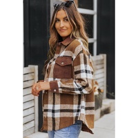 Brown Pocketed Buttoned Plaid Shirt Jacket - M thumbnail