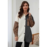 Gray Color Block Leopard Patched Corduroy Shacket - M thumbnail