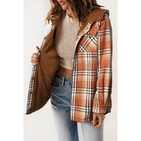 Orange Plaid Pattern Sherpa Lined Hooded Shacket - L thumbnail