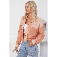 Orange Textured Waffle Knit Chest Pockets Cropped Shacket - M thumbnail