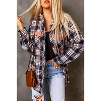 Pink Contrast Hooded Drawstring Plaid Shacket - L thumbnail