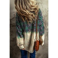 Blackish Green Contrast Plaid Patchwork Chest Pocket Button up Shacket - L thumbnail