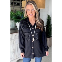 Black Sequin Patch Chest Pocket Corded Shacket - L thumbnail