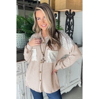 Parchment Sequin Patch Chest Pocket Corded Shacket - M thumbnail