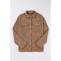 Dark Khaki Solid Color Corduroy Buttoned Long Sleeve Shacket - S thumbnail
