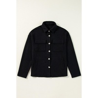 Black Solid Color Corduroy Buttoned Long Sleeve Shacket - S thumbnail