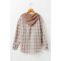 Khaki Checkered Print Loose Fit Buttoned Hooded Shacket - L thumbnail