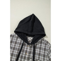 Black Checkered Print Loose Fit Buttoned Hooded Shacket - L thumbnail