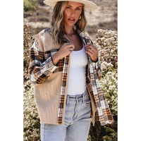 Khaki Thermal Knit Plaid Patchwork Shacket - XL thumbnail