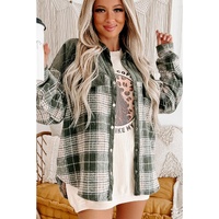 Blackish Green Snap Buttons Colorblock Plaid Shacket - L thumbnail