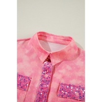 Apricot Pink Mineral Wash Sequin Patchwork Flap Pocket Shacket - XL thumbnail
