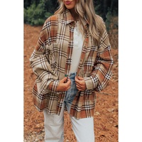 Khaki Plaid Colorblock Patchwork High Low Shacket - L thumbnail