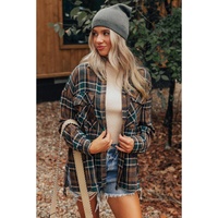Brown Plaid Print Chest Pockets Buttoned Shirt Jacket - L thumbnail