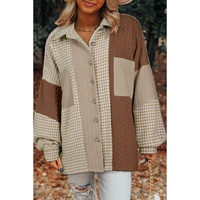 Khaki Houndstooth Color Contrast Textured Patchwork Loose Shacket - M thumbnail