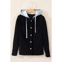 Black Hooded Drawstring Pockets Corduroy Shacket - S thumbnail