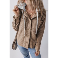 Pale Khaki Hooded Drawstring Pockets Corduroy Shacket - XL thumbnail