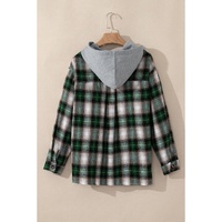 Green Plaid Print Chest Pocket Buttoned Hooded Shacket - L thumbnail