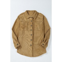Light French Beige Patched Pocket Button Up Corduroy Shacket - S thumbnail