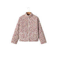 Pink Floral Print Contrast Edge Pocketed Stand Neck Jacket - M thumbnail