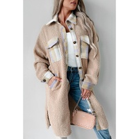 Smoke Gray Plaid Patchwork Collared Button-up Sherpa Long Coat - 2XL thumbnail