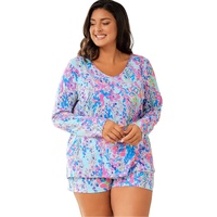 Sky Blue Plus Size Floral Print Long Sleeve and Shorts Lounge Outfit - 2X thumbnail