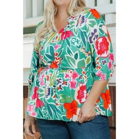 Multicolor Floral Tie Split Neck Plus Size Peplum Blouse - 2X thumbnail