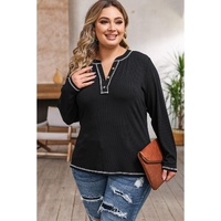 Black Plus Size Contrasting Topstitch Ribbed Henley Top - 1X thumbnail
