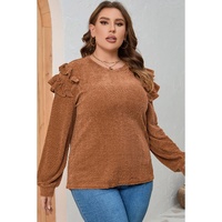 Brown Plus Size Solid Ruffled Tiered Long Sleeve Top - 1X thumbnail