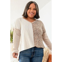 Gray Plus Size Leopard Patchwork Mix Knit Long Sleeve Top - 2X thumbnail