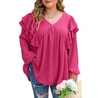 Pink Crinkle Ruffled V Neck Plus Size Blouse - 1X thumbnail