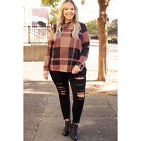 Mineral Red Plus Size Plaid Print Button Decor Asymmetric Neck Top - 1X thumbnail