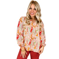 Orange Printed Floral Abstract Print Frilled V Neck Plus Size Blouse - 1X thumbnail
