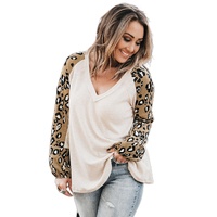 Beige Printed Plus Size Waffle Knit Contrast Leopard Long Sleeve Top - 1X thumbnail