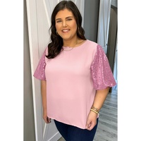 Pink Contrast Sequin Bubble Sleeve Plus Size T-shirt - 1X thumbnail
