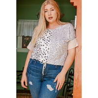 Khaki Plus Size Leopard Print Colorblock V Neck T Shirt - 1X thumbnail