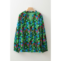 Green Plus Size Floral Bubble Sleeve V Neck Blouse - 1X thumbnail