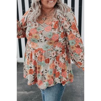 Khaki Plus Size Flower Print Square Neck Peplum Blouse - 1X thumbnail