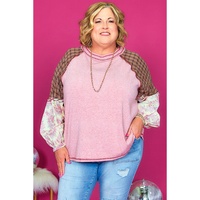 Pink Checkered Paisley Patchwork Raglan Sleeve Seamed Plus Size Top - 1X thumbnail