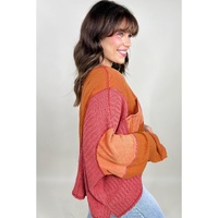 Orange Textured Knit Color Block Patchwork Chest Pocket Plus Size Top - 1X thumbnail