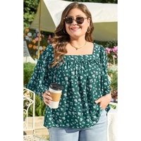 Green Floral Print Square Neck Ruffled Trim Plus Size Blouse - 2X thumbnail