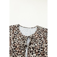 Khaki Leopard Print Lace-up Ruffled 3/4 Sleeve Plus Size Blouse - 1X thumbnail