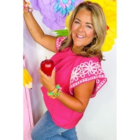 Strawberry Pink Floral Embroidered Flutter Sleeve Pleated O Neck Plus Size Blouse - 4X thumbnail