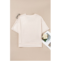 Beige Pearl Decor Crew Neck Half Sleeve Plus Size T Shirt - 3X thumbnail