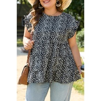 Black Leopard Print Ruffled Short Sleeve Keyhole Back Tiered Flowy Plus Size Blouse - 3X thumbnail